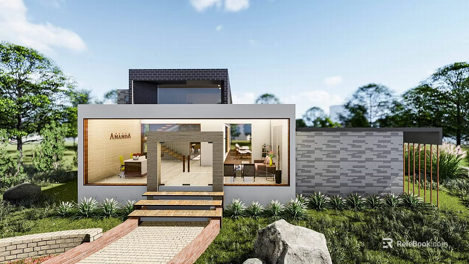 Modern Detached Villa With Large Glass Windows Front Steps And Garden Lawn 3d model 