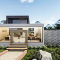 Modern Detached Villa With Large Glass Windows Front Steps And Garden Lawn