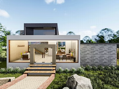 Modern Detached Villa With Large Glass Windows Front Steps And Garden Lawn 3d model