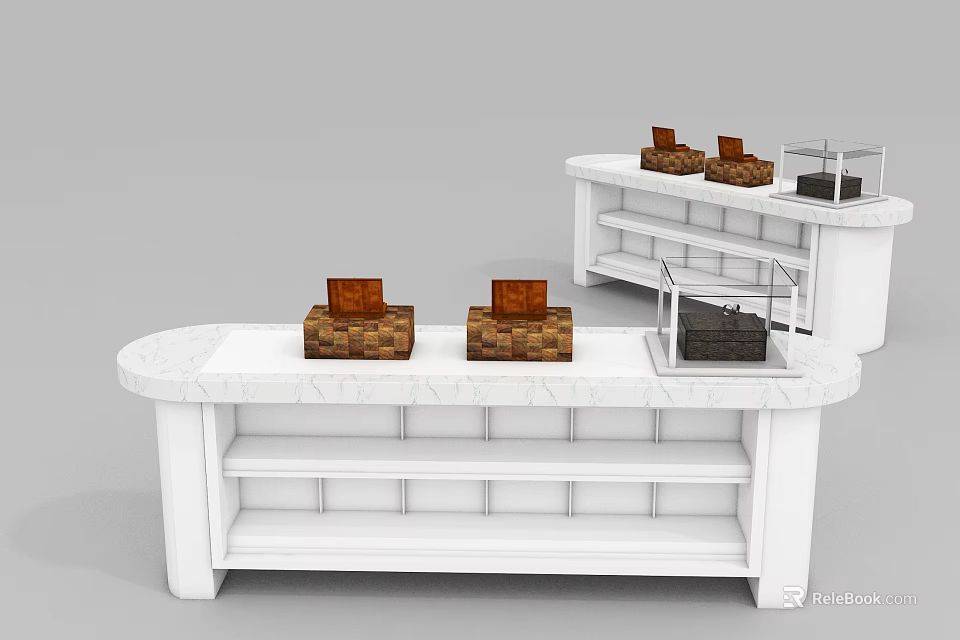 Modern White Display Shelves With Marble Countertop And Glass Showcase Units 3d model 