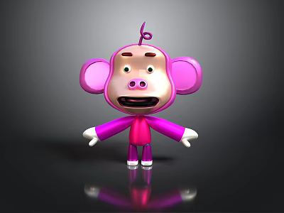 Cute Pink Monkey 3D Model with Large Ears White Hands Feet and Simple Facial Expression 3d model