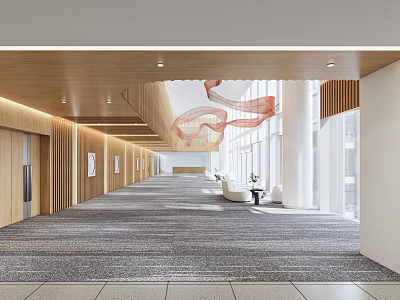 Modern Office Corridor Interior with Wooden Ceiling Carpet Windows Seating Area and Decorative Red Ribbons 3d model