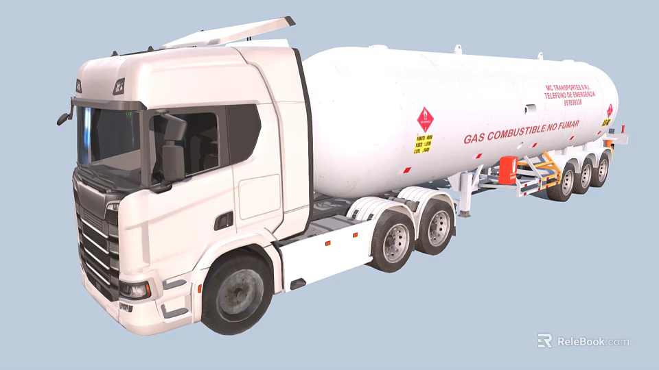 Modern White Gas Transport Truck With Flammable Tank And Warning Signs 3d model 