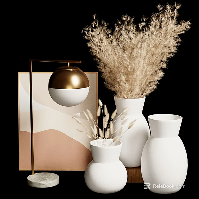 Modern Decorative Ornament Set With White Vases Gold Lamp Dried Pampas Grass And Geometric Art 3d model 