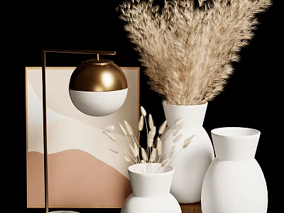 Modern Decorative Ornament Set With White Vases Gold Lamp Dried Pampas Grass And Geometric Art 3d model