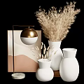 Modern Decorative Ornament Set With White Vases Gold Lamp Dried Pampas Grass And Geometric Art