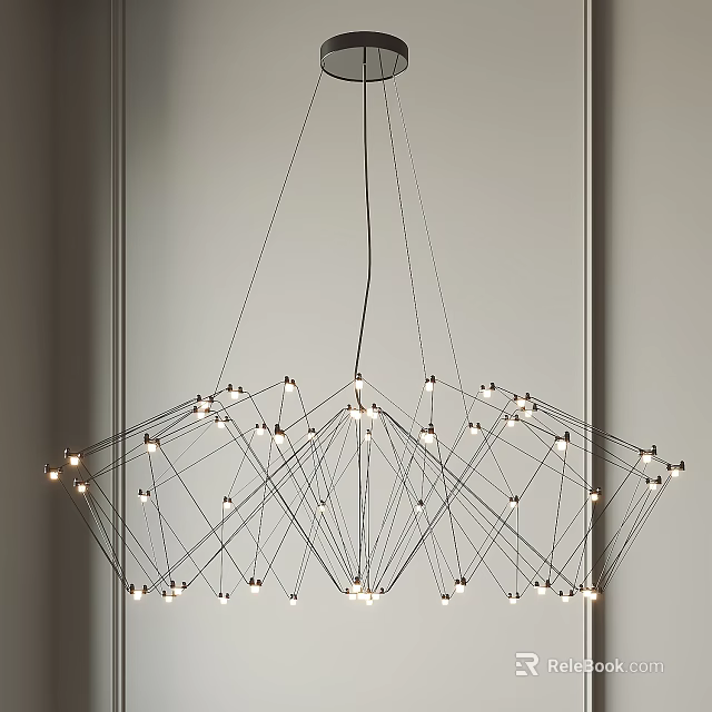 Modern Geometric Chandelier With Metal Wires And Multiple Hanging Bulbs For Interior Decor 3d model 