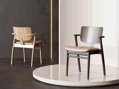 Wooden Single Chair Modern Design With Armrest Light Dark Wood And Pink Cushion 3d model