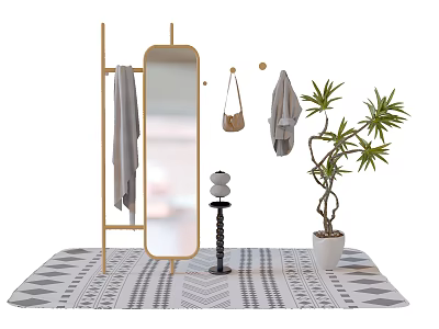 Oval Mirror With Golden Stand Hanging Towel Coat Handbag Potted Plant And Geometric Rug 3d model