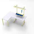 Functional Desk with White Tabletop Gold Frame and Overhead Blue Storage Shelf