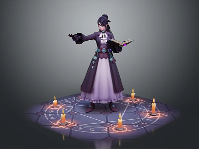 Game Movie Character In Purple Robe Holding Open Book With Candles On Magic Circle 3d model