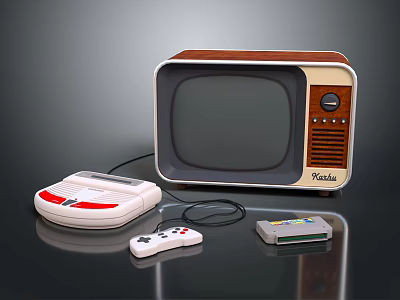 Vintage Electronic Appliances Featuring Retro TV Game Console Controllers And Cartridge 3d model