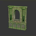 Scenic Ancient Stone Structure Covered With Green Moss Arched Window And Columns