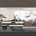 Serene Modern Tea Room Interior With Long Table Bench Seats Marble Wall Art And Bonsai