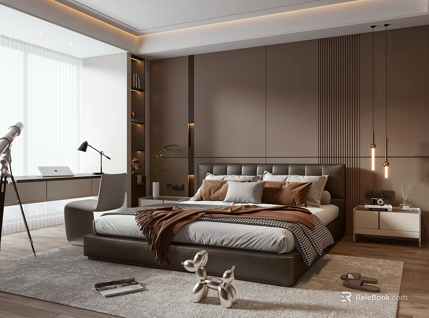 Elegant Modern Bedroom With Grey Headboard Brown Blanket Pillows White Nightstand And Wooden Floor 3d model 