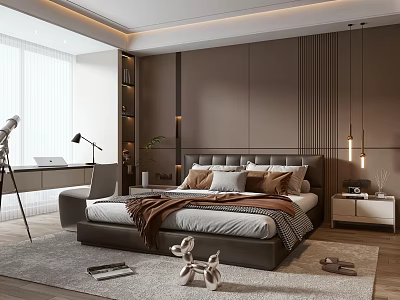 Elegant Modern Bedroom With Grey Headboard Brown Blanket Pillows White Nightstand And Wooden Floor 3d model