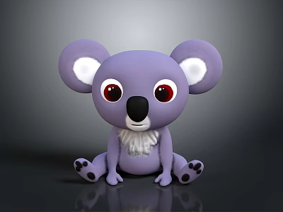 Cartoon Purple Koala Character With Big Ears Red Eyes White Chest Sitting On Black Surface 3d model