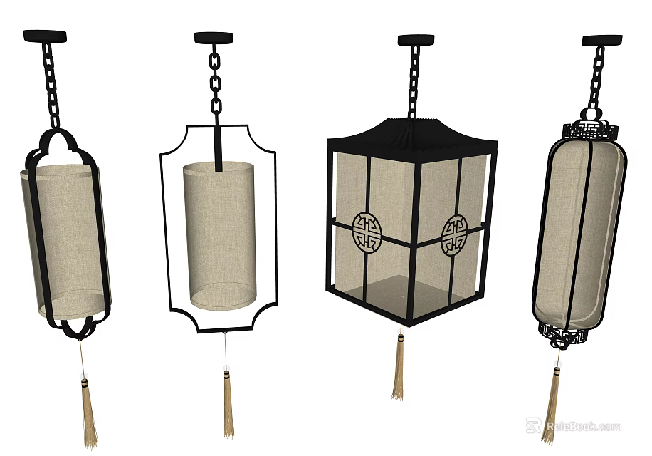 Traditional Chinese Style Chandelier Collection With Fabric Shade Metal Frame And Tassel Decoration 3d model 