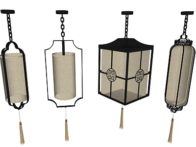 Traditional Chinese Style Chandelier Collection With Fabric Shade Metal Frame And Tassel Decoration 3d model