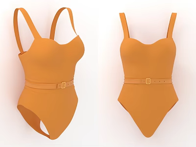Stylish Orange One Piece Swimsuit With Spaghetti Straps and Waist Belt With Golden Buckle Design 3d model