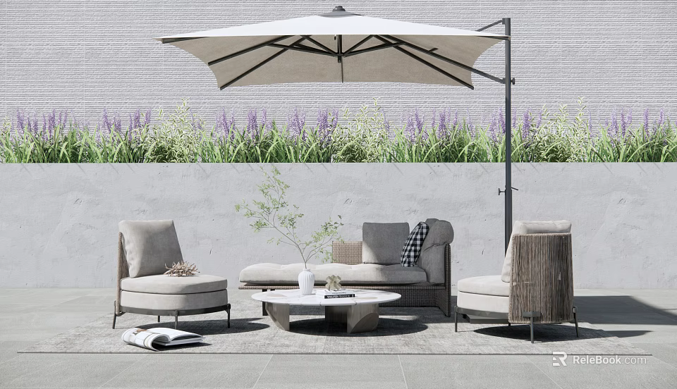 Comfortable Modern Outdoor Sofa Set With Patio Umbrella Coffee Table And Greenery 3d model