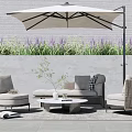 Comfortable Modern Outdoor Sofa Set With Patio Umbrella Coffee Table And Greenery