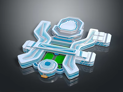 Futuristic Architectural Design 3D Model With Complex Interconnected Structure Blue White Accents And Green Areas 3d model