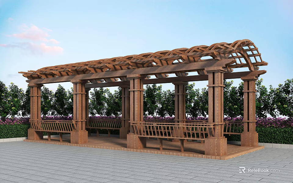 Wooden Pergola With Arch Top Benches Green Trees And Purple Flowers 3d model 