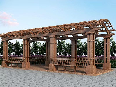 Wooden Pergola With Arch Top Benches Green Trees And Purple Flowers 3d model