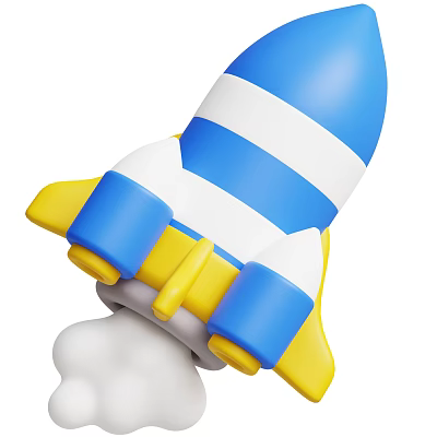 3D Cartoon Rocket With Blue White Stripes Yellow Thrusters And Smoke 3d model