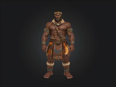 Muscular Tribal Warrior Character With Decorative Headpiece Arm Bands And Ornate Apron 3d model