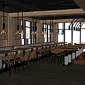Open Concept Restaurant Featuring Wooden Walls Long Tables Brown Chairs And Sunlight Through Arched Windows