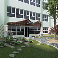 Residential Courtyard Garden Landscape With Lush Green Lawn Winding Stone Pathways Trees And Wooden Platform