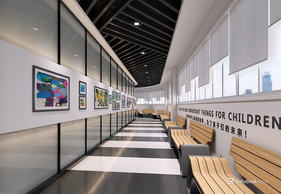 School Corridor Featuring Children's Artworks Slogan Glass Windows Black White Floor And Wooden Benches 3d model 