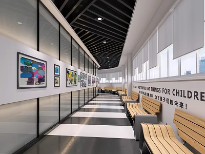 School Corridor Featuring Children's Artworks Slogan Glass Windows Black White Floor And Wooden Benches 3d model