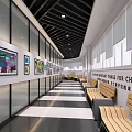 School Corridor Featuring Children's Artworks Slogan Glass Windows Black White Floor And Wooden Benches