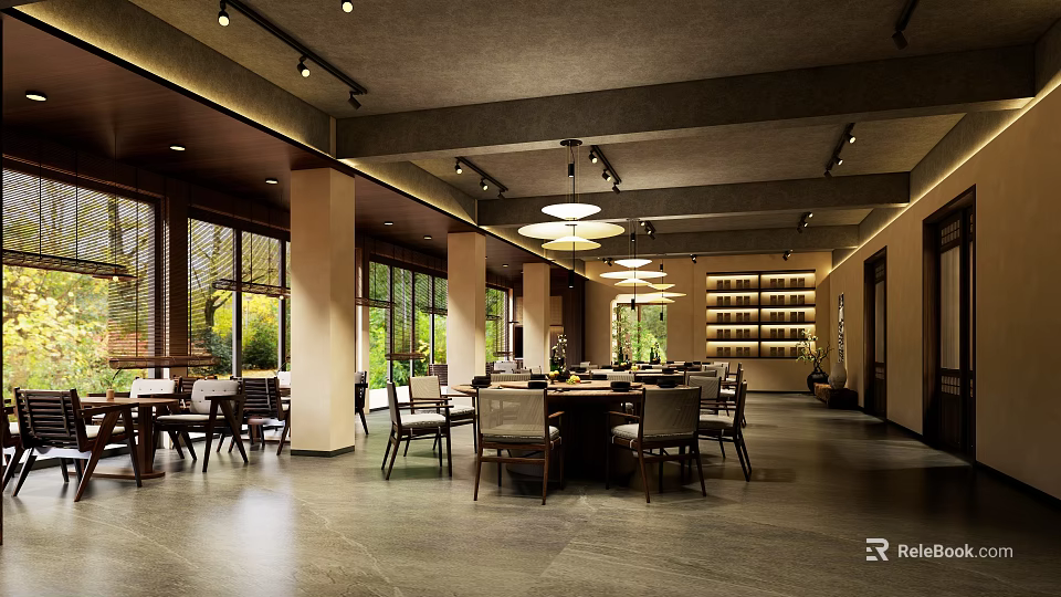 Spacious Restaurant Interior With Wooden Tables Chairs Large Windows Pendant Lights And Wall Bookshelves 3d model 