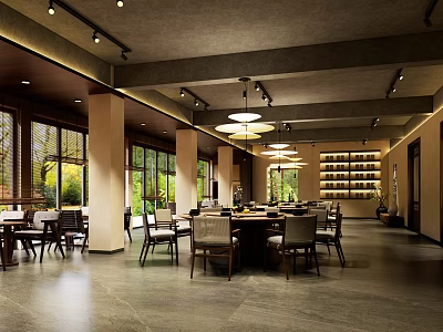 Spacious Restaurant Interior With Wooden Tables Chairs Large Windows Pendant Lights And Wall Bookshelves 3d model