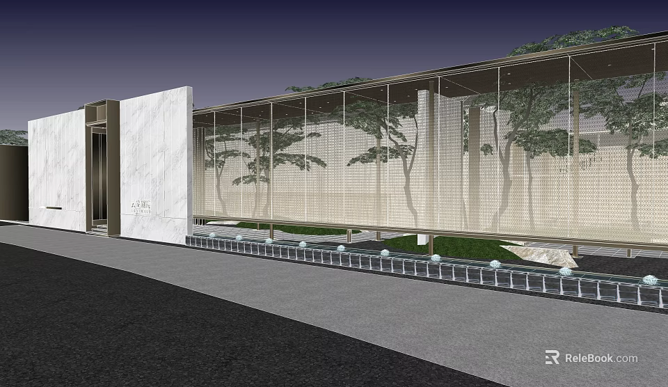 Modern Garden Landscape Design With Glass Wall Trees Water Features Paved Area And Lawn 3d model 