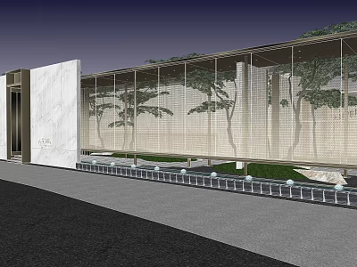 Modern Garden Landscape Design With Glass Wall Trees Water Features Paved Area And Lawn 3d model