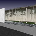 Modern Garden Landscape Design With Glass Wall Trees Water Features Paved Area And Lawn