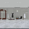 Elegant Clothing Store Interior With Hanging Garments Wooden Racks Fireplace Chair And Marble Floors