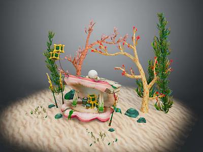 Decorative Miniature Scene With Pink Structure White Sphere Red Coral Green Foliage Sand And Stones 3d model