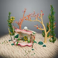 Decorative Miniature Scene With Pink Structure White Sphere Red Coral Green Foliage Sand And Stones