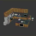 Modern L Shaped Wooden Cabinets Kitchen Interior With Blue Island Counter And Appliances
