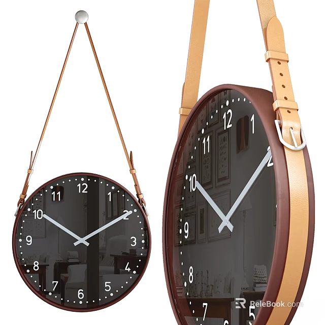 Hanging Leather Strap Clocks With Round Dials Black Brown Home Decor 3d model
