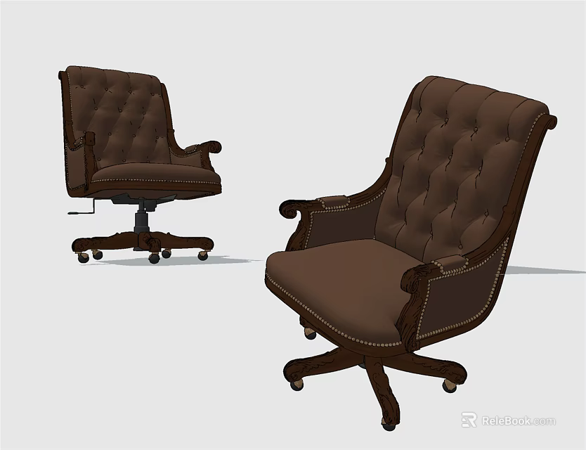 Brown Tufted Office Chair With Armrests Swivel Wheels And Classic Design 3d model 