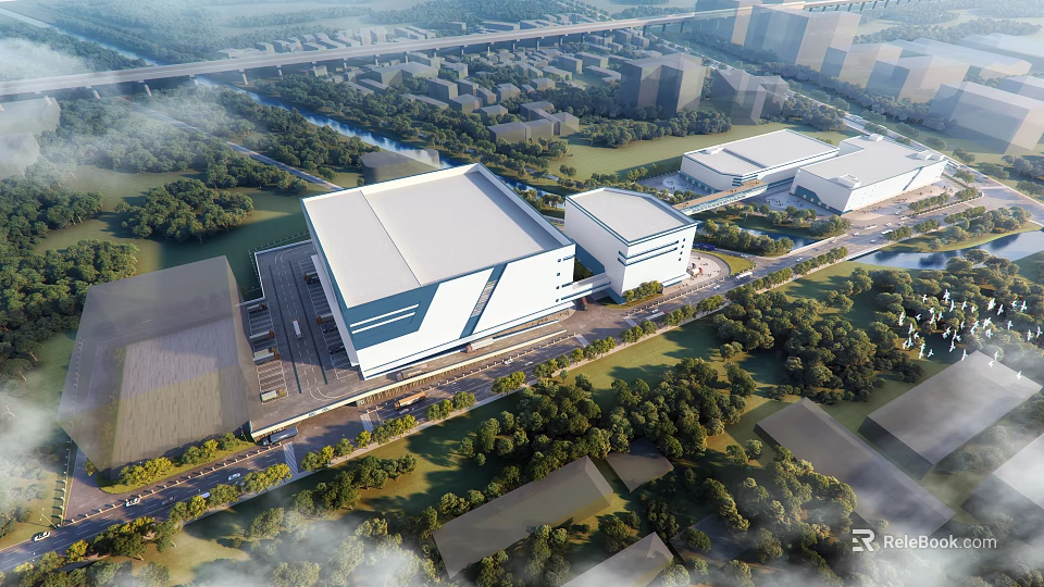 Industrial Factory Modern Architecture Design With Green Trees Grass And Surrounding Roads 3d model 