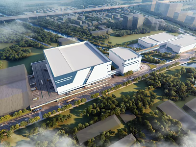 Industrial Factory Modern Architecture Design With Green Trees Grass And Surrounding Roads 3d model