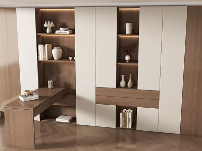 Modern Open Concept Study Room Interior With Bookshelves Desk And Decorative Items 3d model
